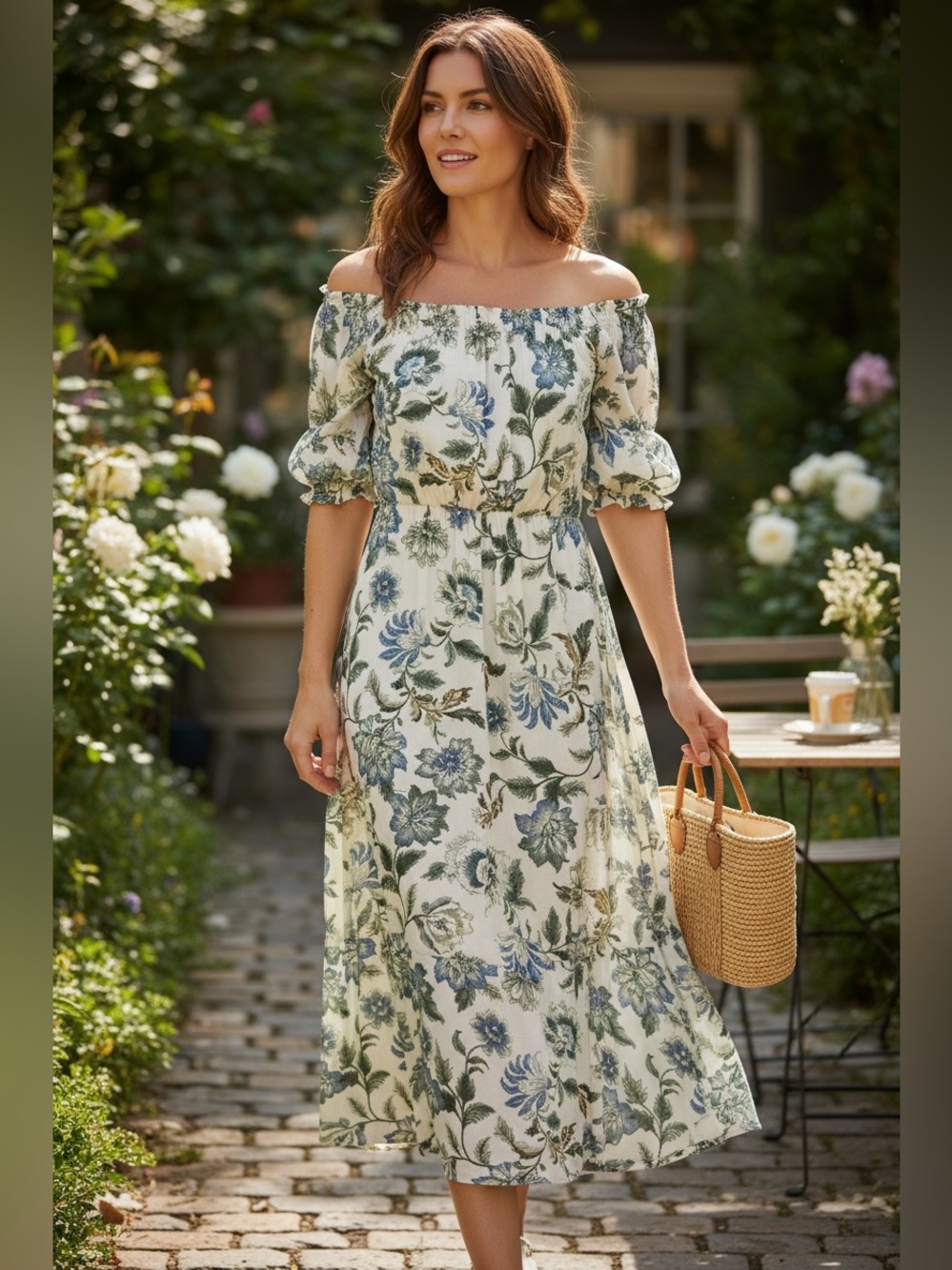LOFT Off-Shoulder Floral Midi Dress in Cream, Blue and Green